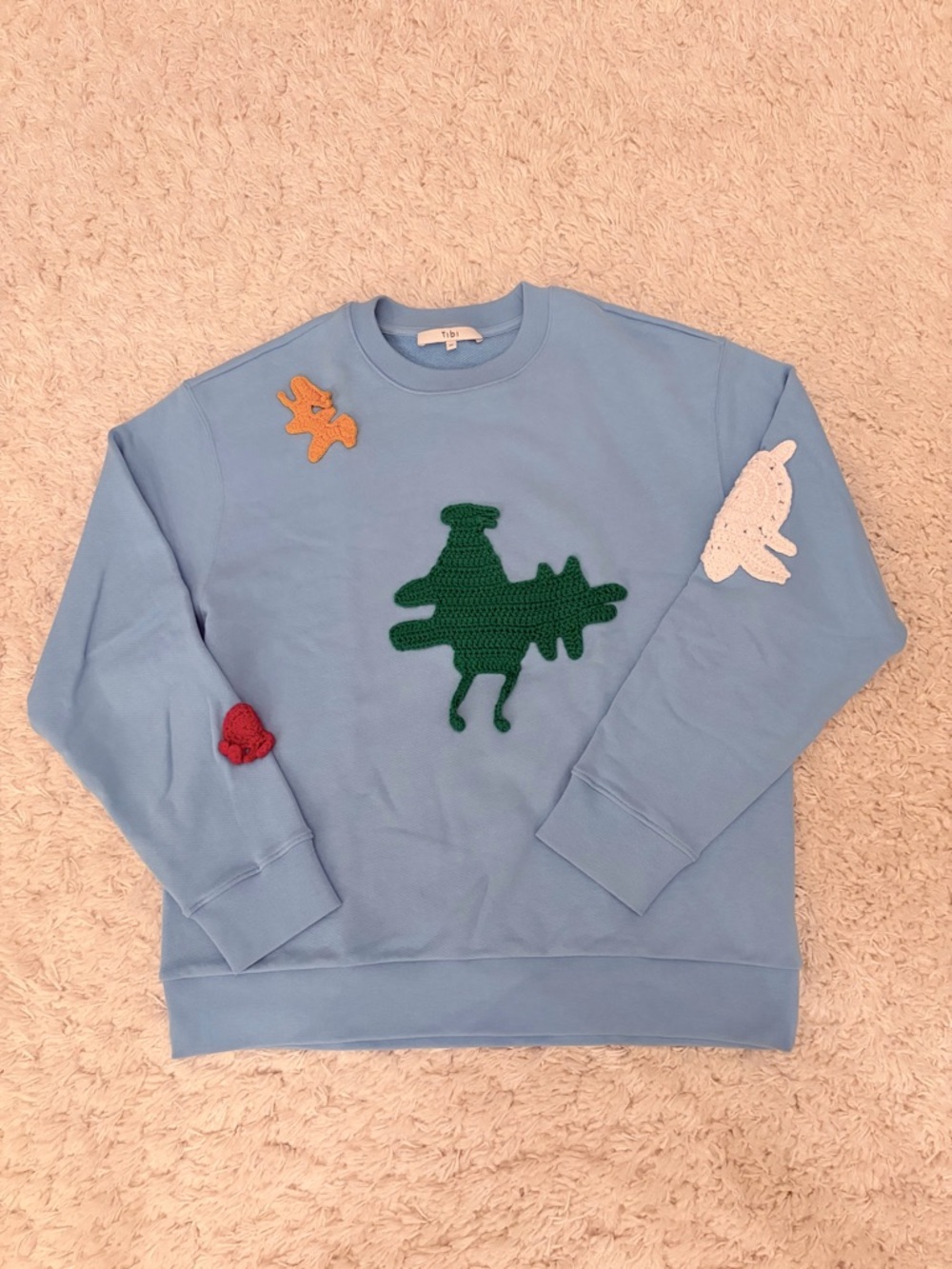 Tibi Crochet Appliques Series Sweatshirt, M, pale turquoise blue, like new - Picture 5 of 8